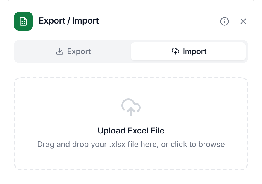 The Import tab of the Export / Import dialog