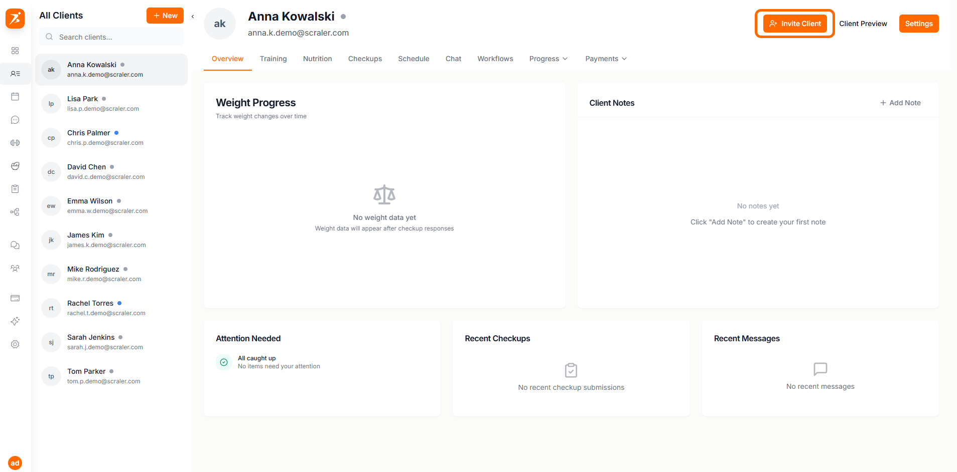 Client profile with Invite button