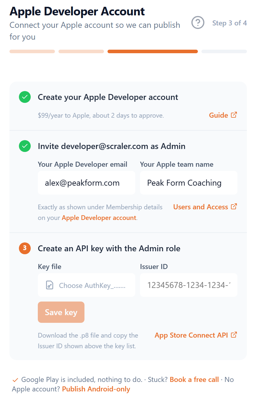 The Apple Developer Account step of the store wizard
