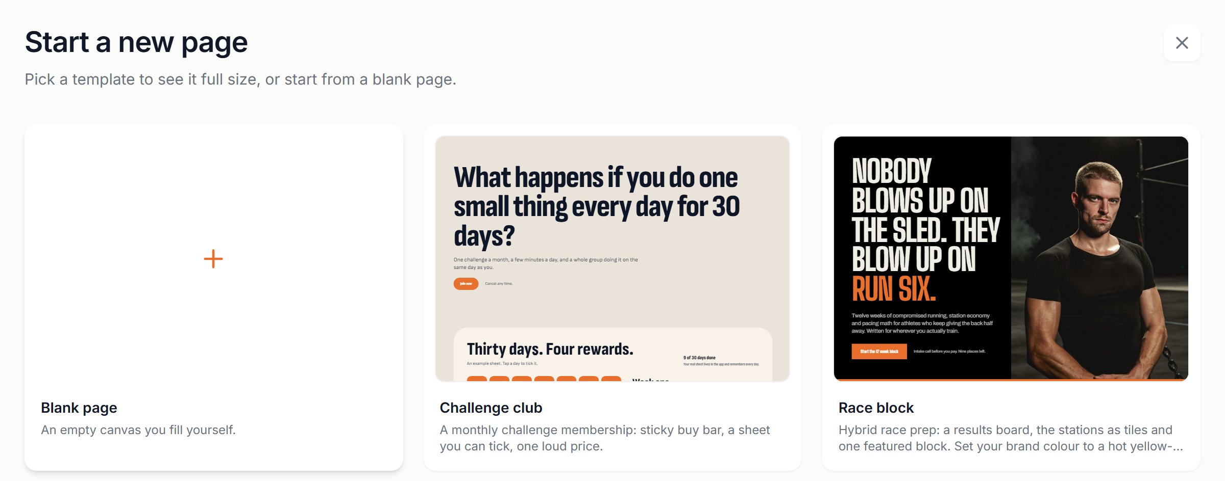 Start a new page: Blank page and the first templates