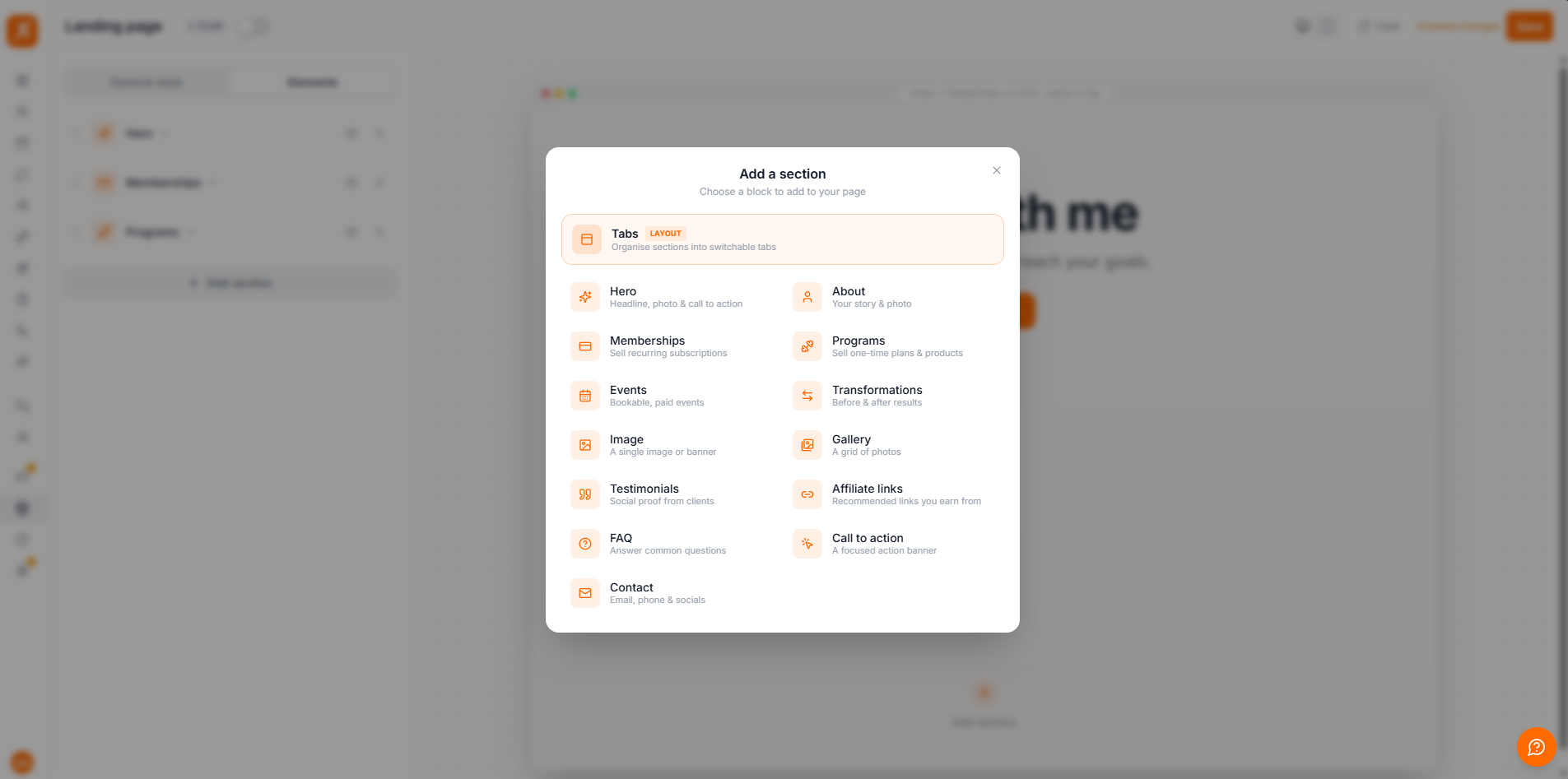 Landing page sections