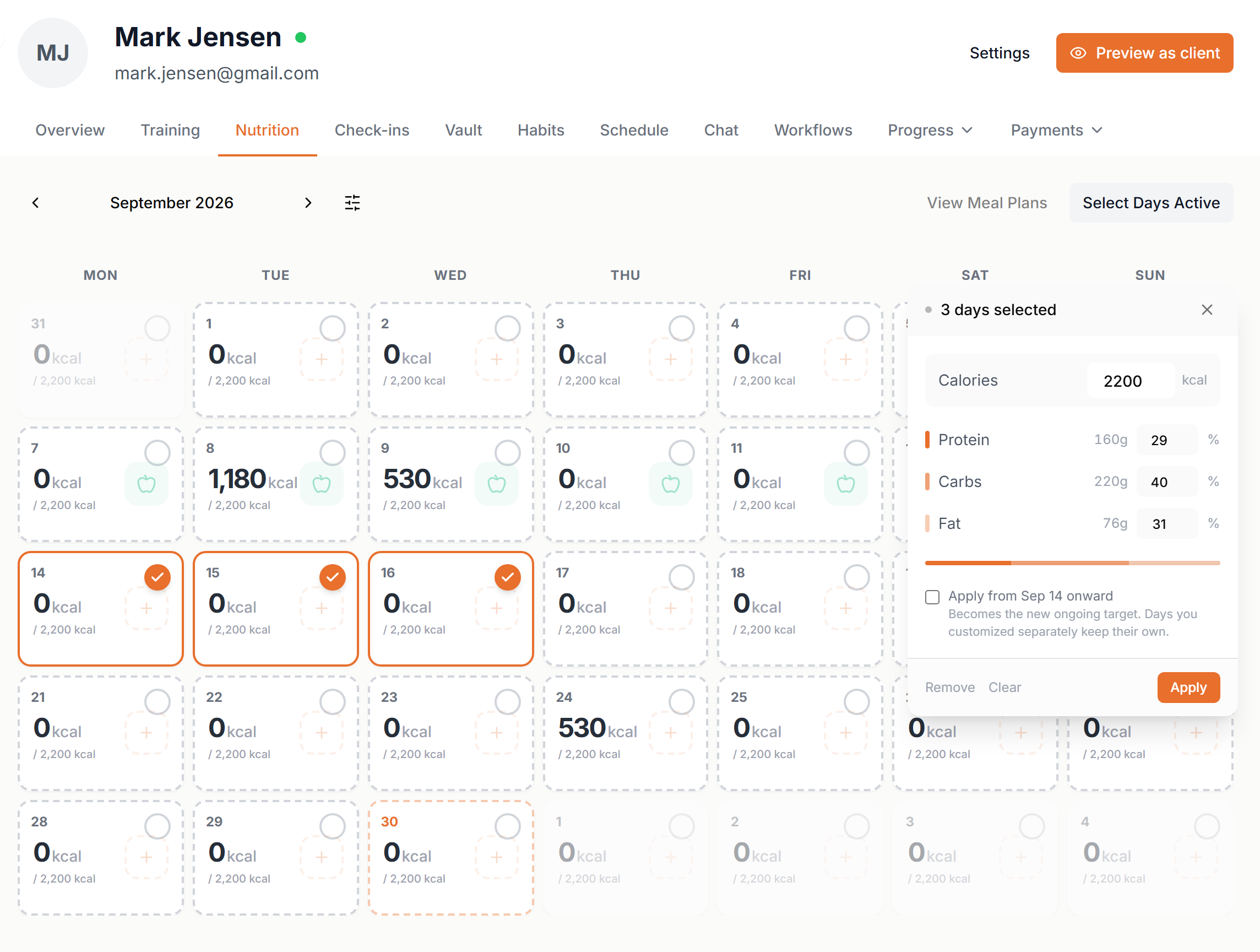 Setting macro targets for three selected days