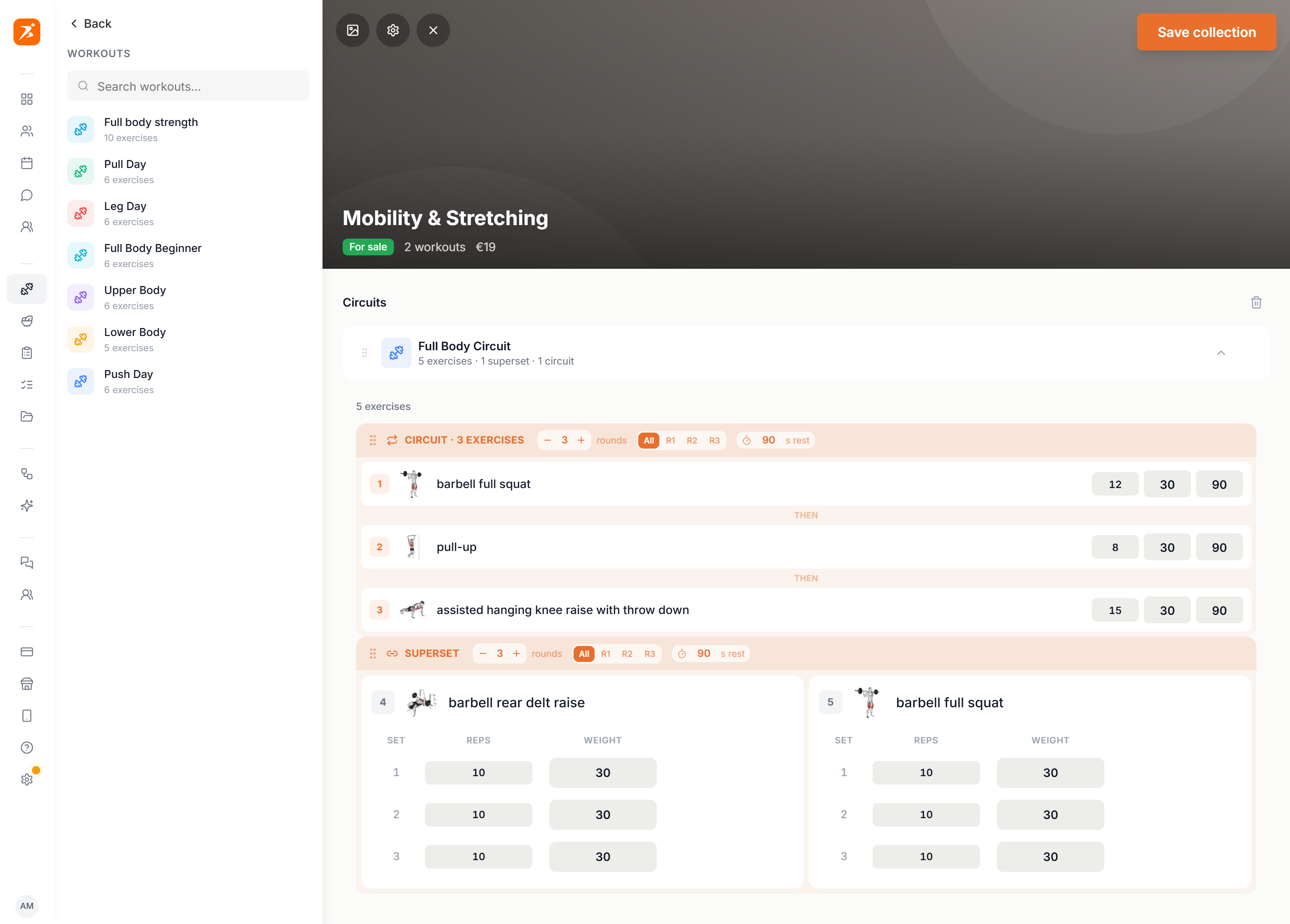 The collection editor with two sections and one expanded workout