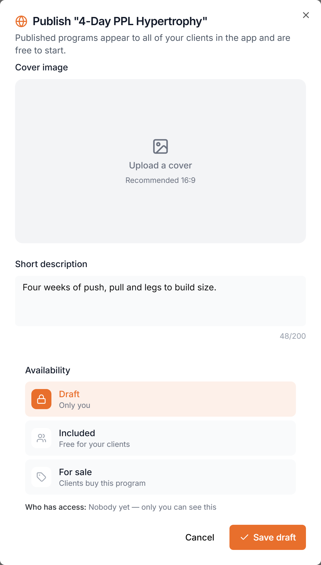 The Publish dialog for a training plan