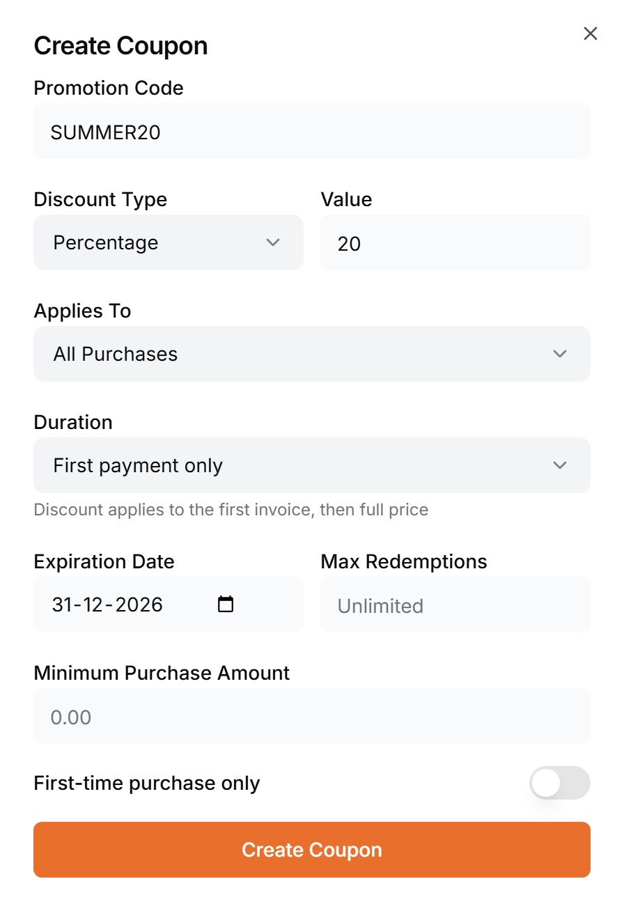 The Create Coupon dialog