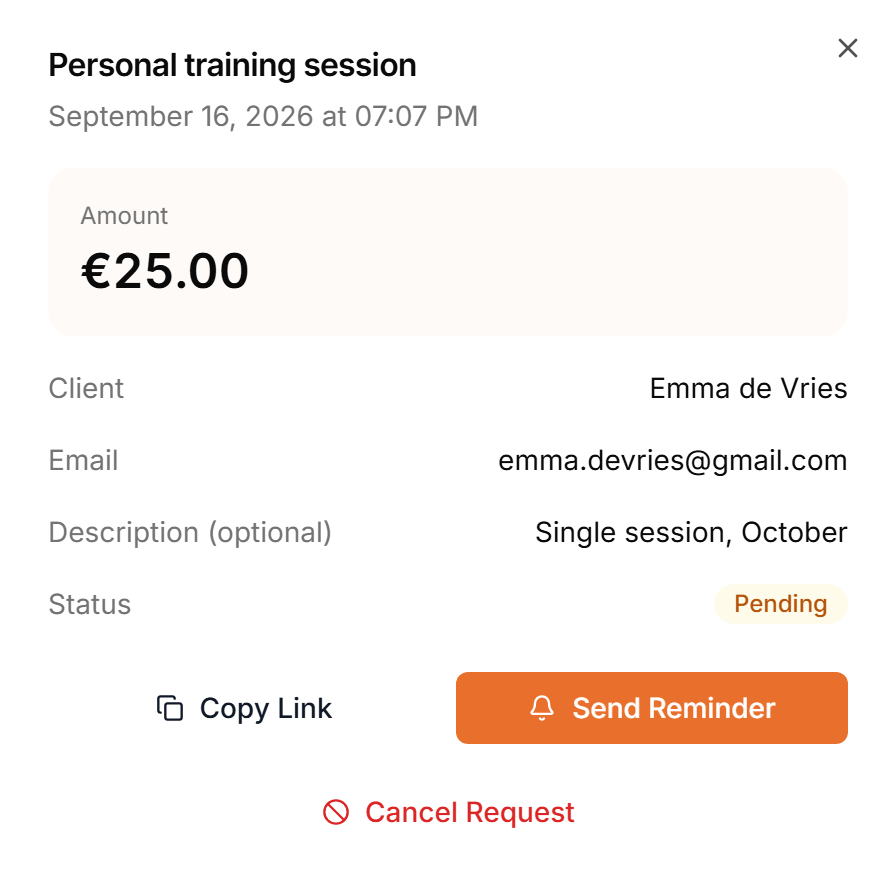 A pending payment request with Copy Link