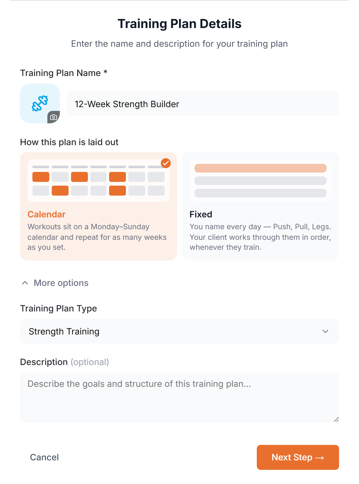 The plan details popup with the Calendar and Fixed layouts