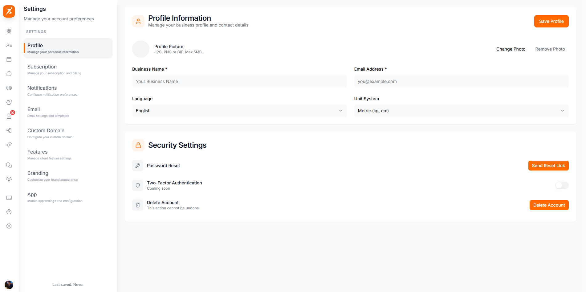 Profile settings page