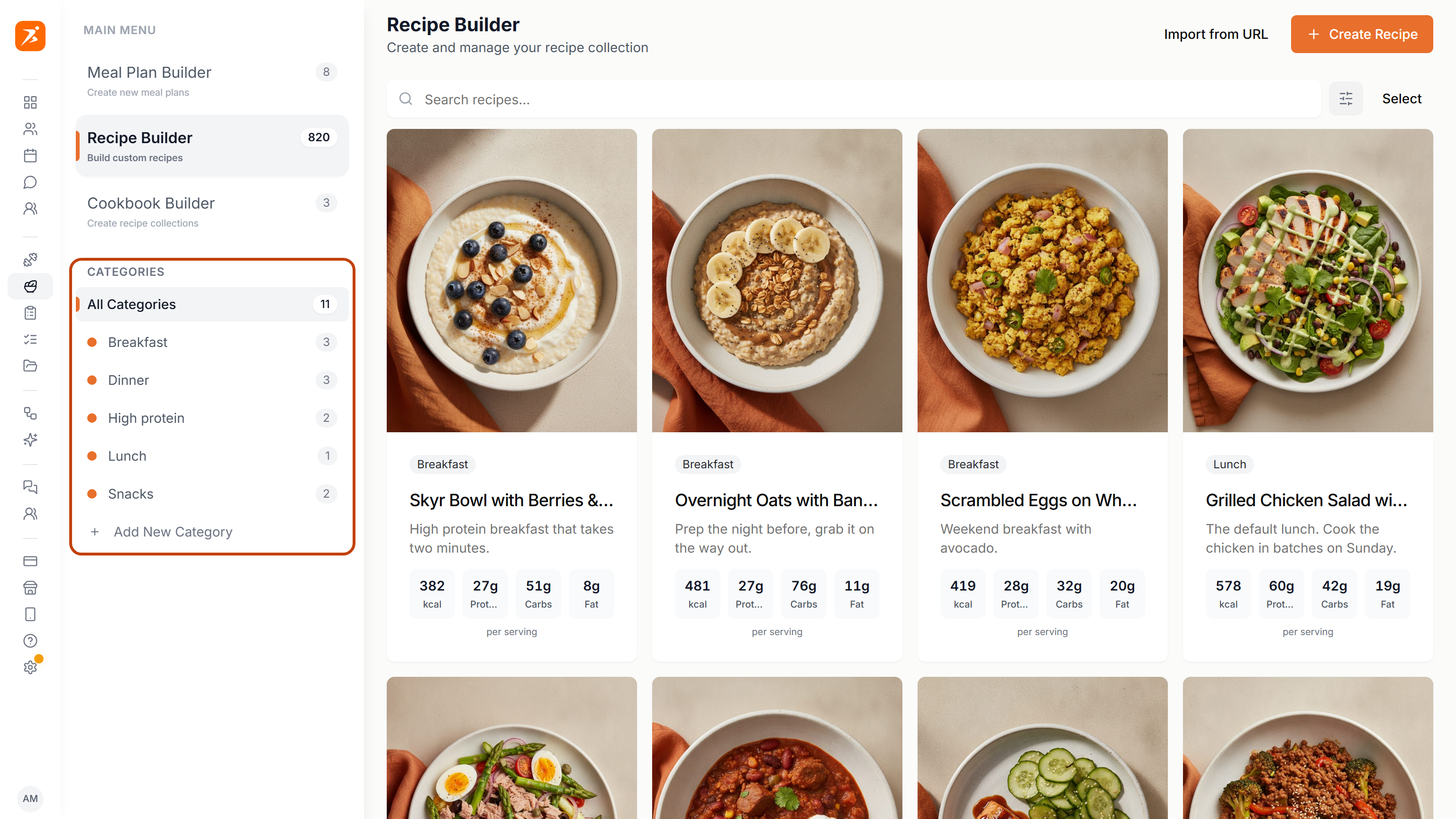 Recipe Builder with the category sidebar