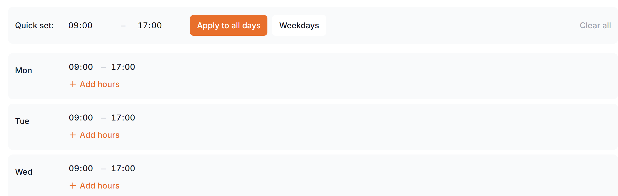 Weekly open hours with Quick set