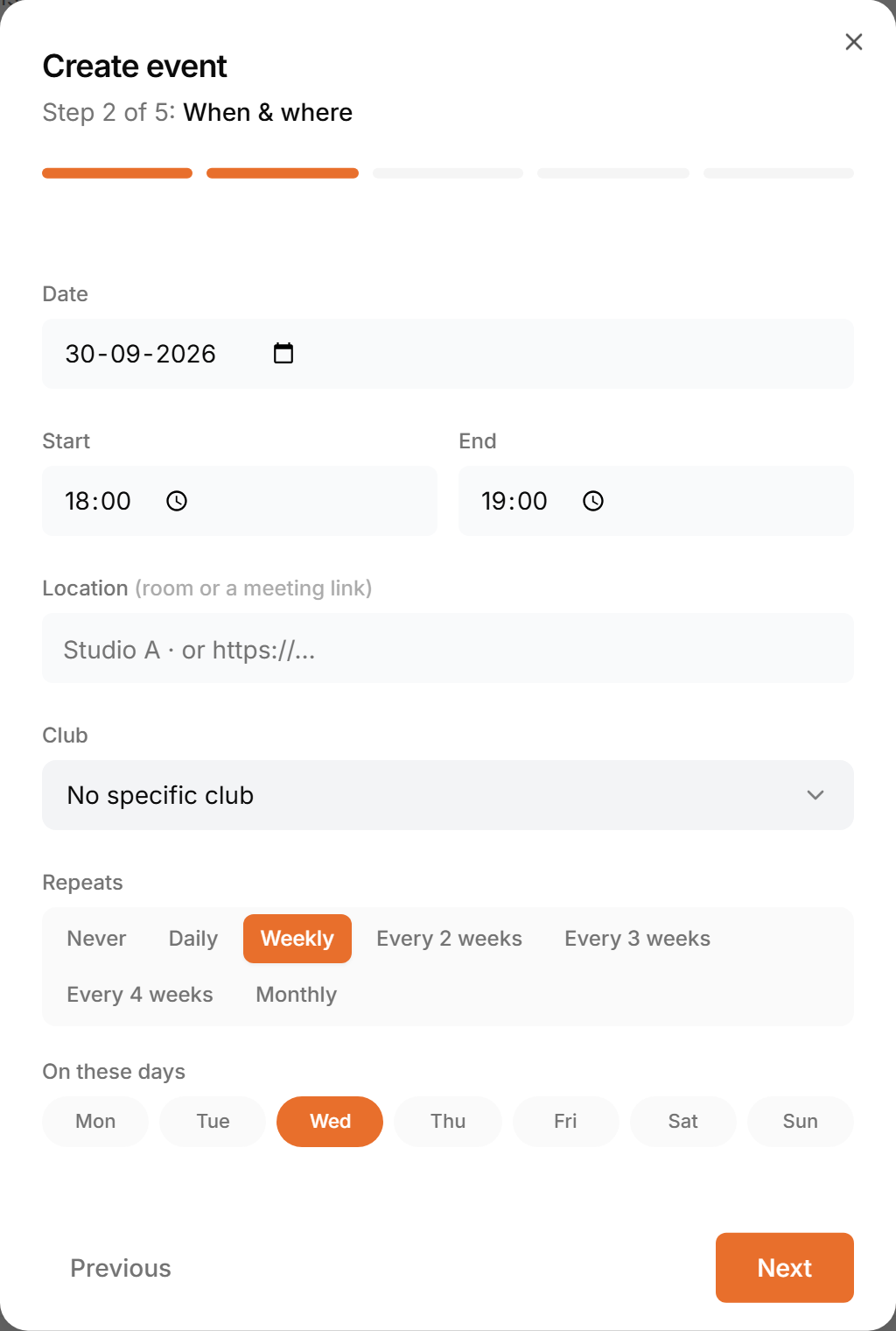 The When & where step of Create event with a weekly repeat