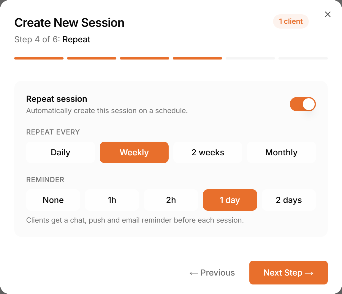 The Repeat step with Weekly and a 1 day reminder