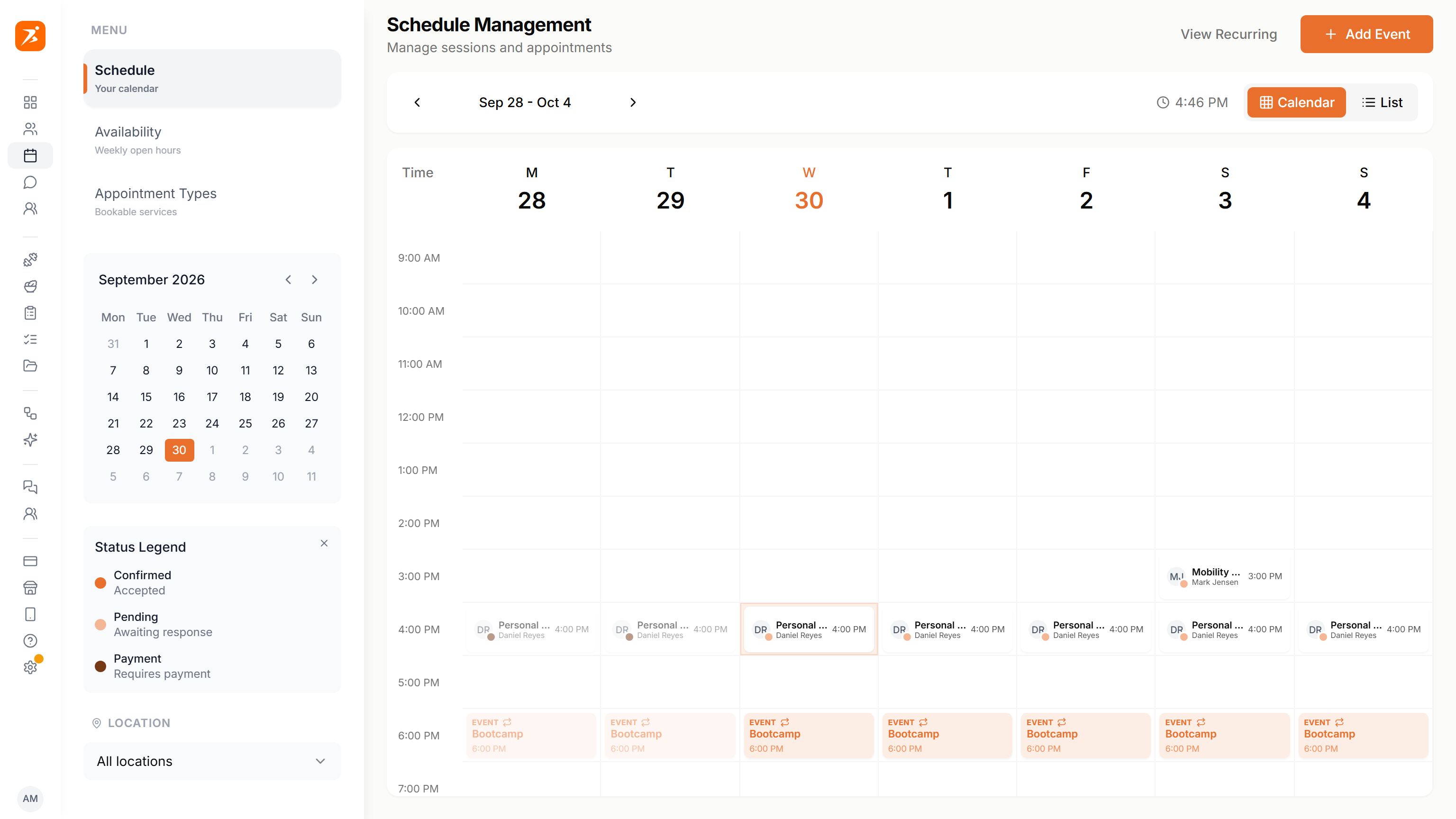 The Schedule page in week view