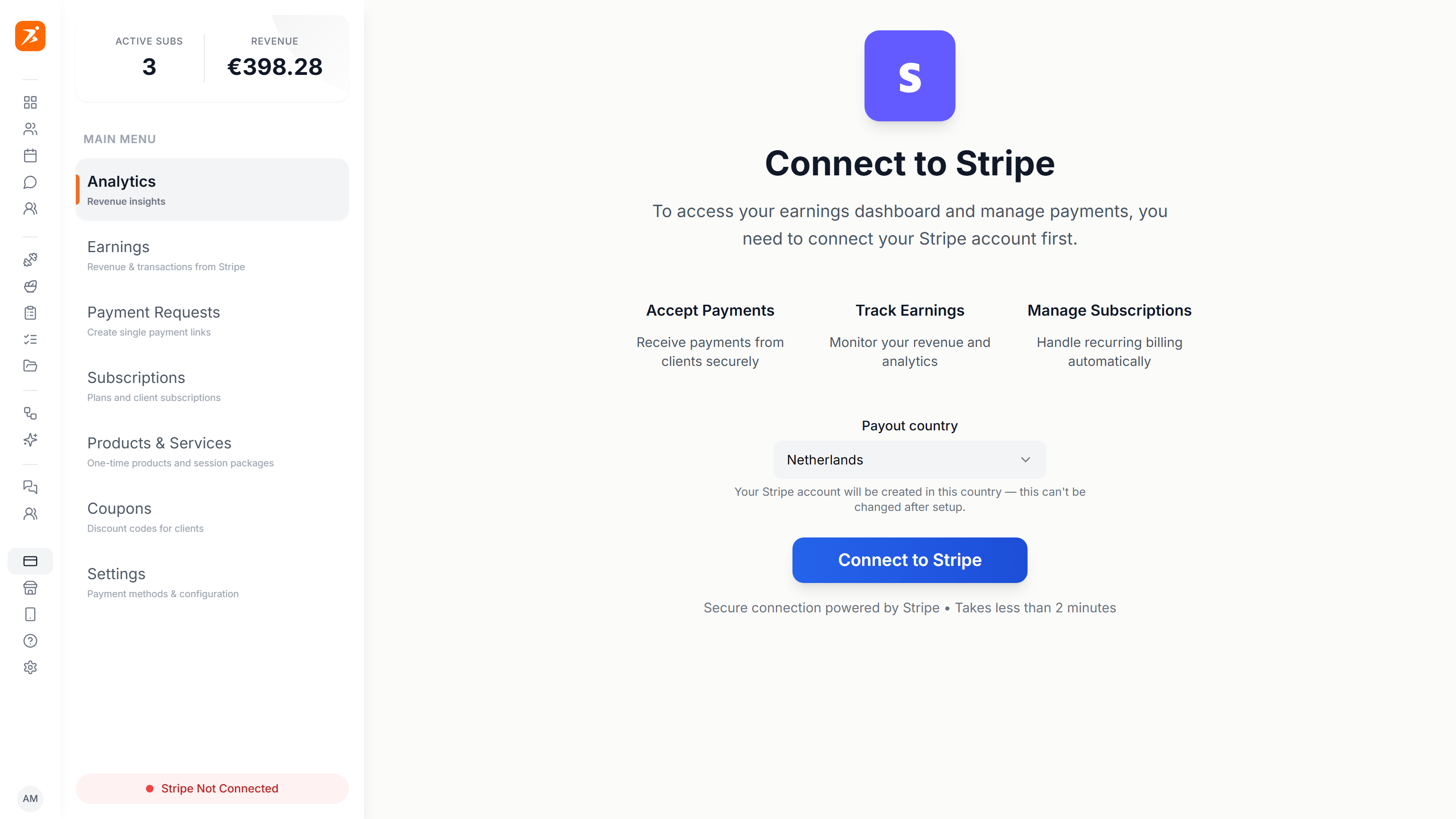 The Finance page before Stripe is connected