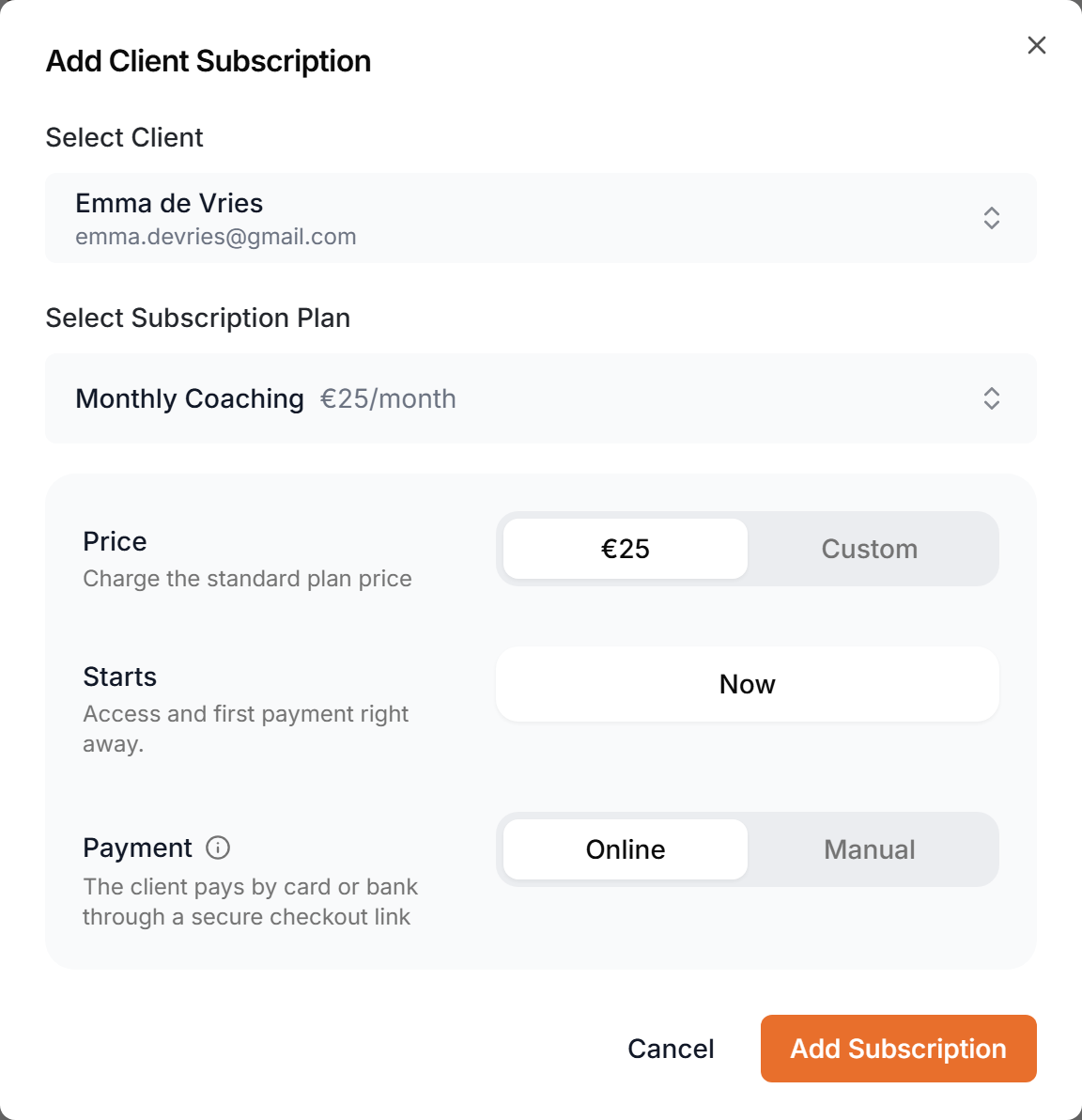 The Add Client Subscription dialog