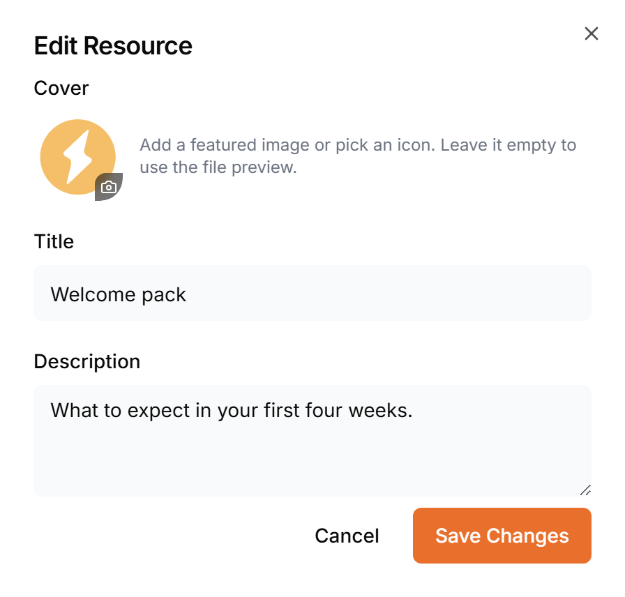 The Edit Resource dialog with the cover picker, title and description
