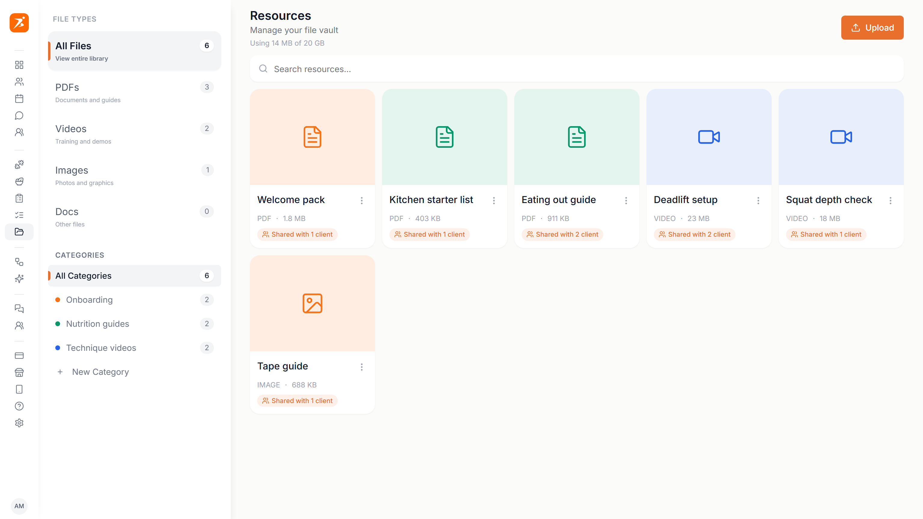 The Vault page with the file type and category sidebar and a grid of files