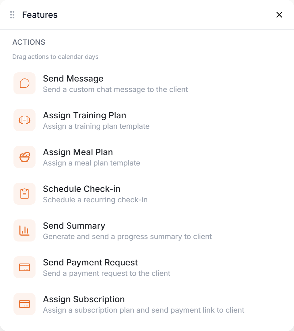 The Features panel on a client's workflow calendar