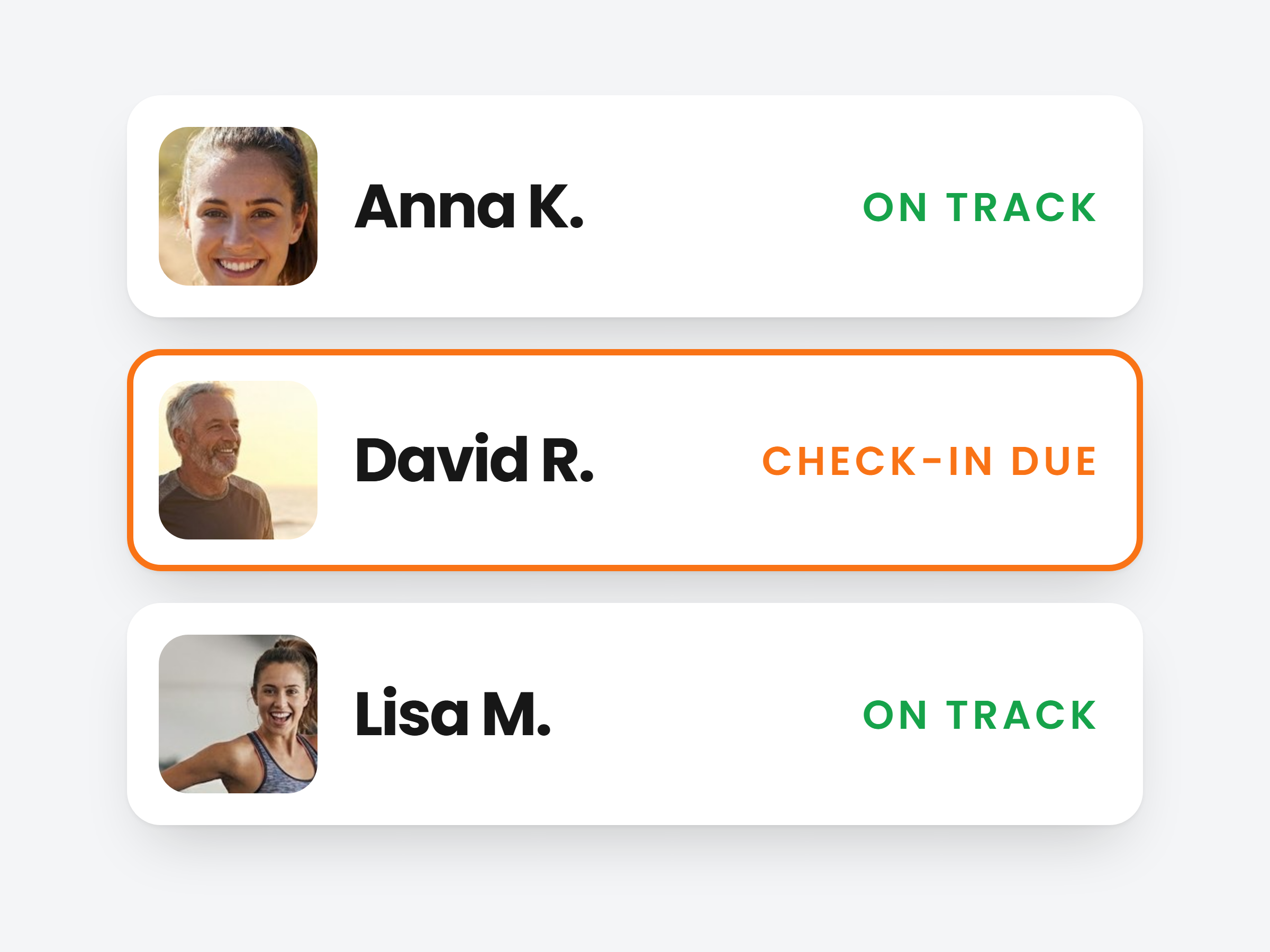 A client list showing who is on track and who has a check-in due
