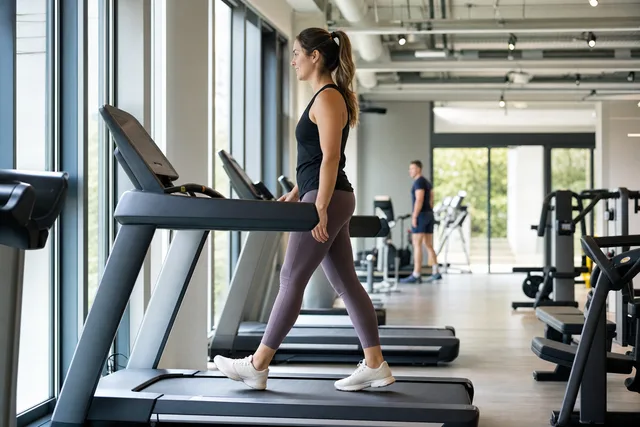 A woman walking on a treadmill at an easy pace