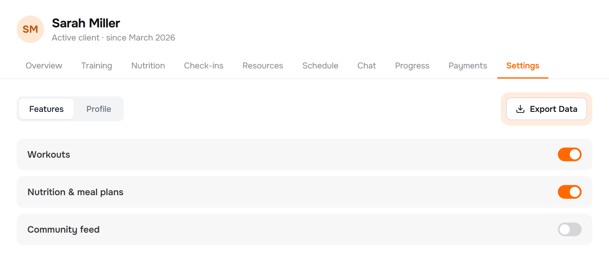 Where to find it: open any client, go to the Settings tab, and Export Data sits top-right next to the Features / Profile switch.