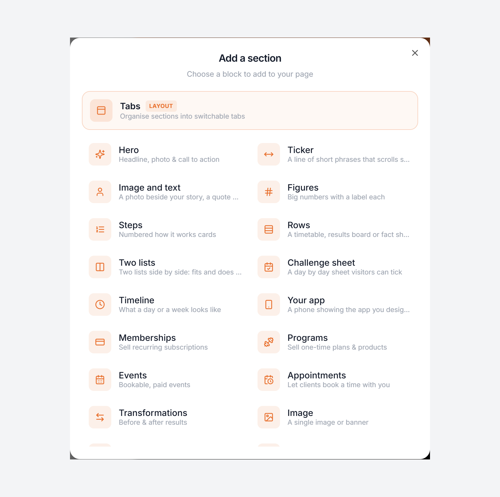 Add the sections you need