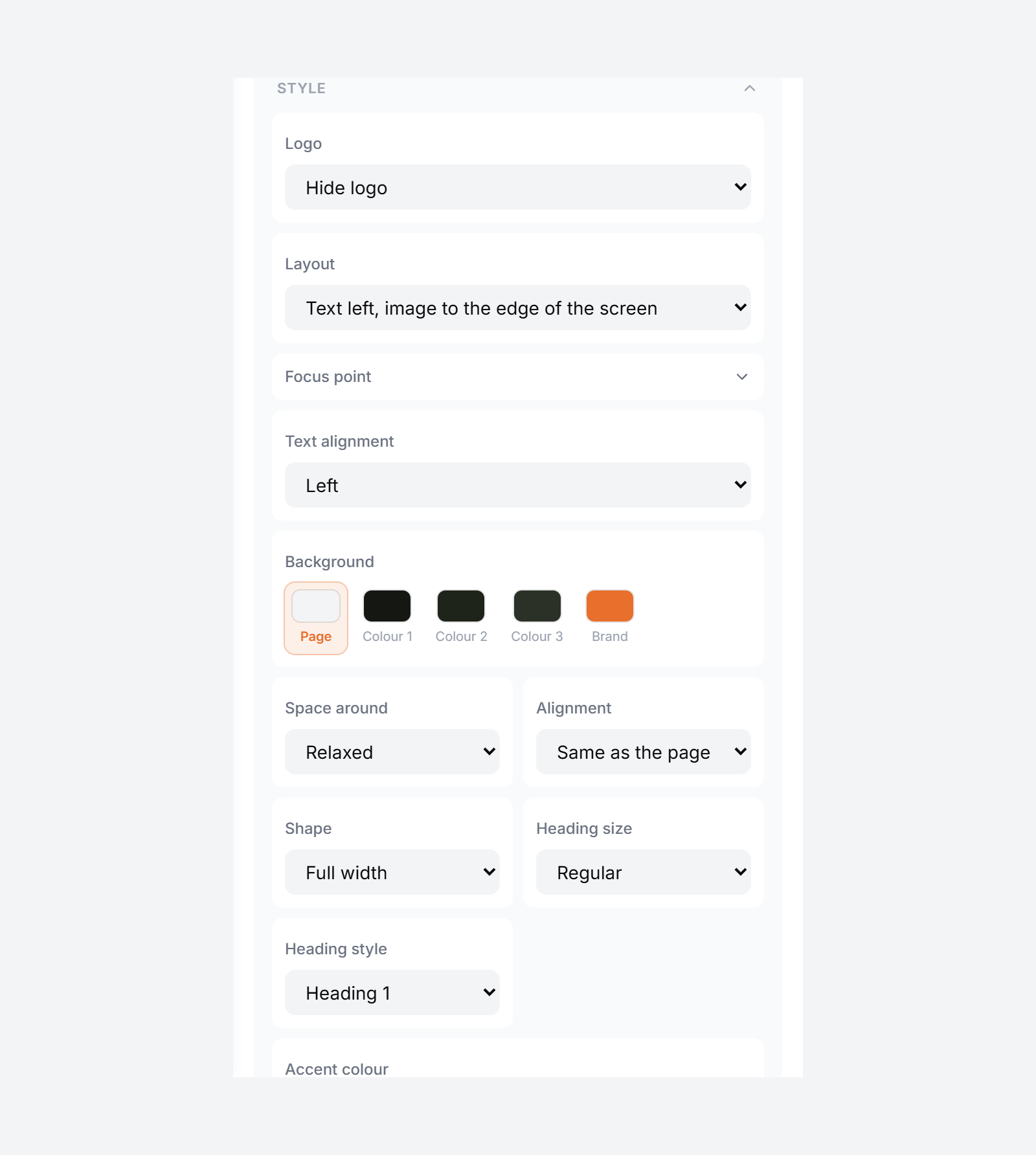 Every section has a Style fold: layout, focus point, background colour, spacing, shape and heading size.