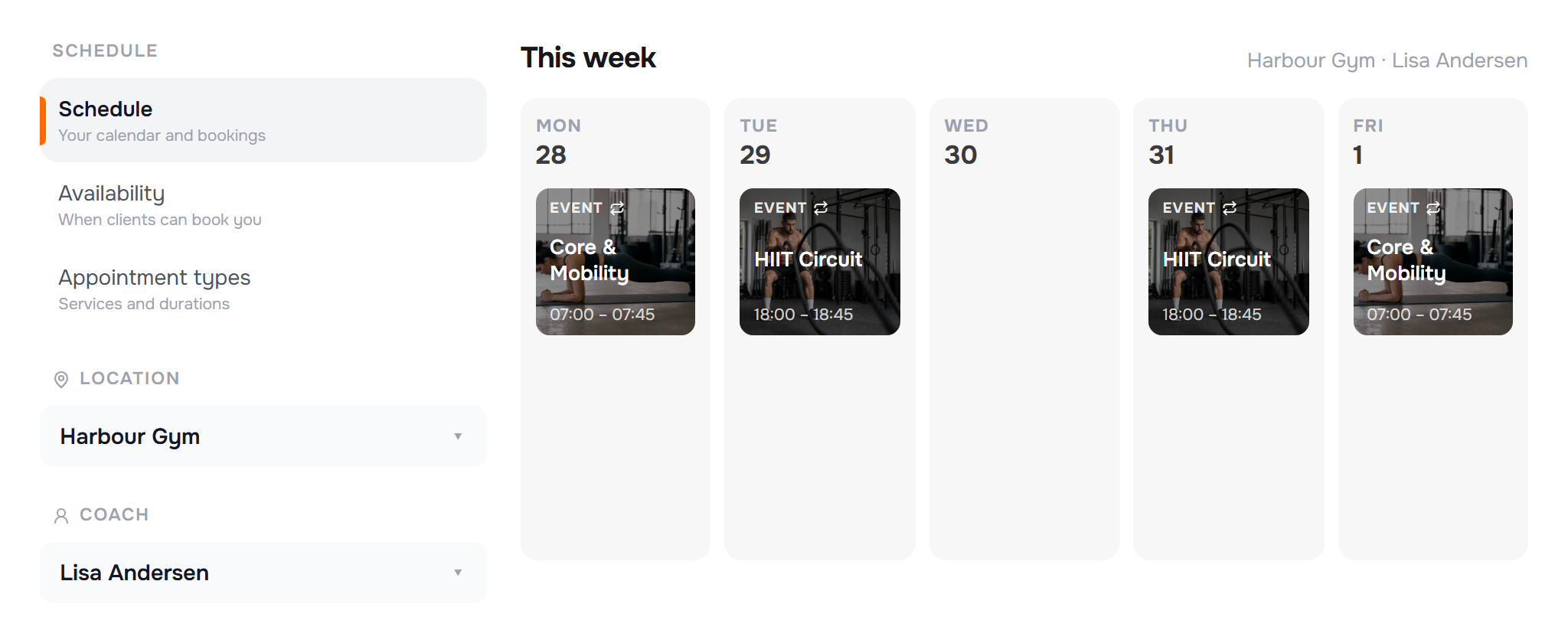 Filtering the week: Location and Coach dropdowns sit in the Schedule sidebar, so a studio owner can narrow the calendar to one club, one coach, or both. They only appear once you have more than one club and a team to assign.
