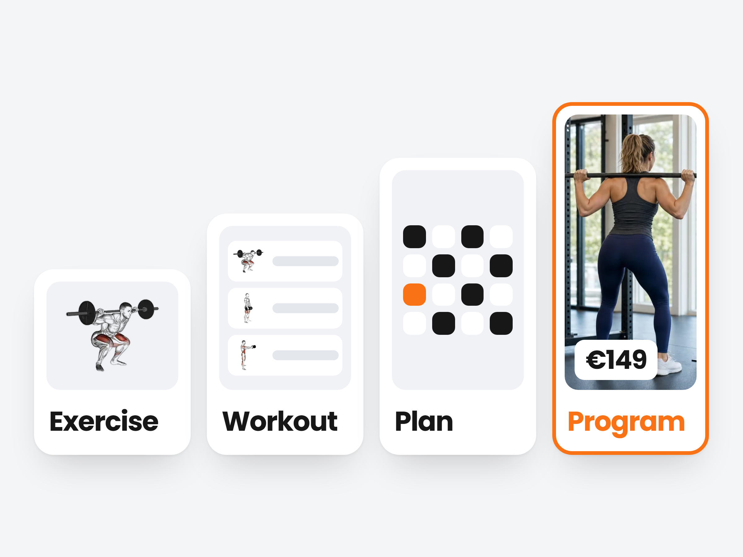 Exercises become a workout, workouts become a plan, and a plan becomes a program you sell